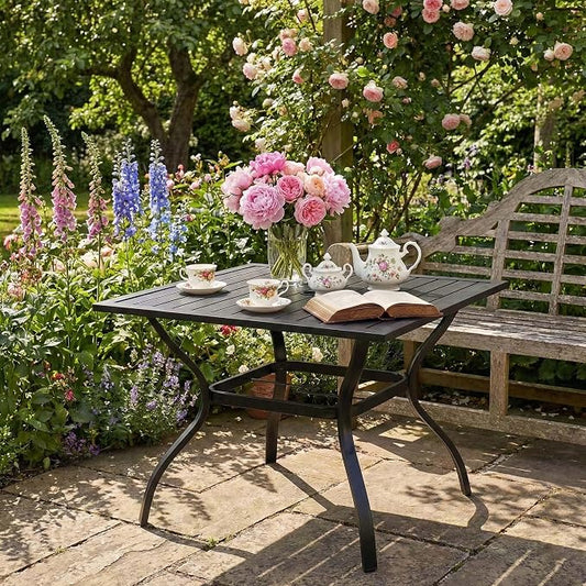 Square Metal Steel Slat Patio Dining Table for 4 Persons, Outdoor Bistro Table with Umbrella Hole, Rust-Resistant Finish for Backyard Garden