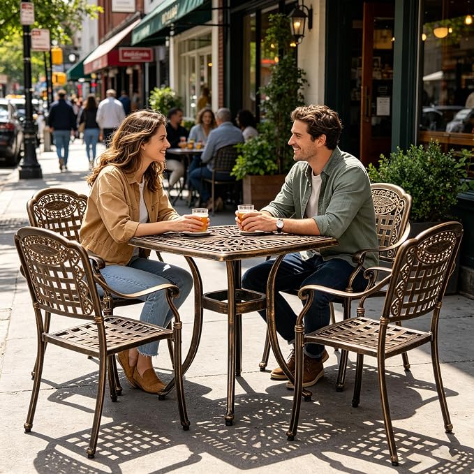 34.5" Outdoor Bistro Table - Square Cast Aluminum Small Patio Side Tables, Outdoor End Table All Weather Furniture with Umbrella Hole and Antique Design for Balcony Yard Porch Garden Bronze