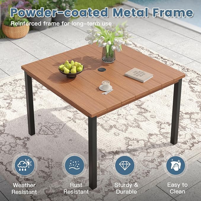 DIFY Patio Table and Chairs Set for 4, 5 Piece Outdoor Dining Set, 40.2" Walnut Square Metal Dining Table with Umbrella Hole and 4 Brown Textilene Swivel Patio Chairs, for Garden Backyard Deck
