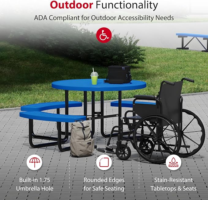 Leisure Craft Metal Picnic Table with Bench - 46" Round Outdoor Dining Table with Umbrella Hole, Heavy Duty Thermoplastic Coating, ADA Compliant, Commercial Grade Furniture Made in USA - Blue