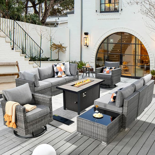 CAODOC 11 Piece Outdoor Patio Furniture Set with 53" Fire Pit Table, Wicker Sectional Conversation Set Whit Swivel Chairs,Modern Outside Sofa for Balcony Backyard(Dark Gray)