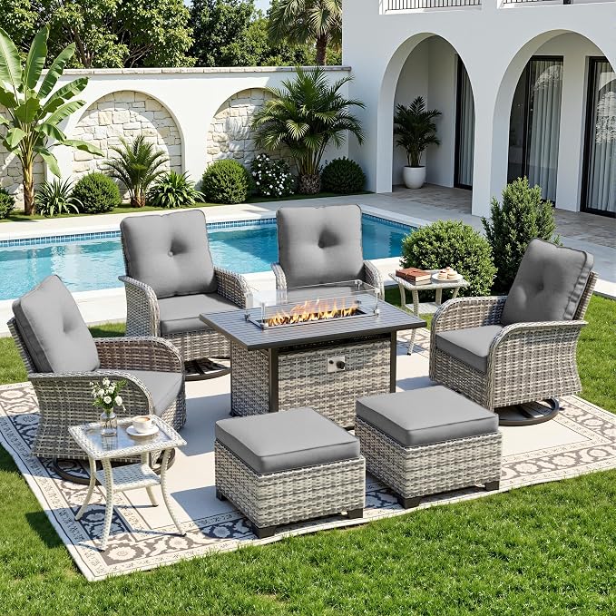 9-Piece Small Patio Furniture Set, Outdoor Swivel Rocking Chairs Set with 55,000 BTU Fire Pit Table Wicker Chairs and Ottomans, Patio Bistro Set for Balcony, Deck, Porch, Grey