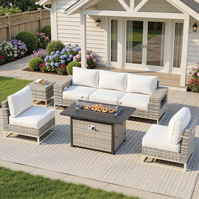 Outdoor Patio Furniture Set 7-Piece PE Rattan Wicker Outdoor Sectional Sofa with 5,000 BTU Fire Pit Table, Modern Modular L-Shaped Conversation Set with Thickened Cushions and Chunky Arms, White