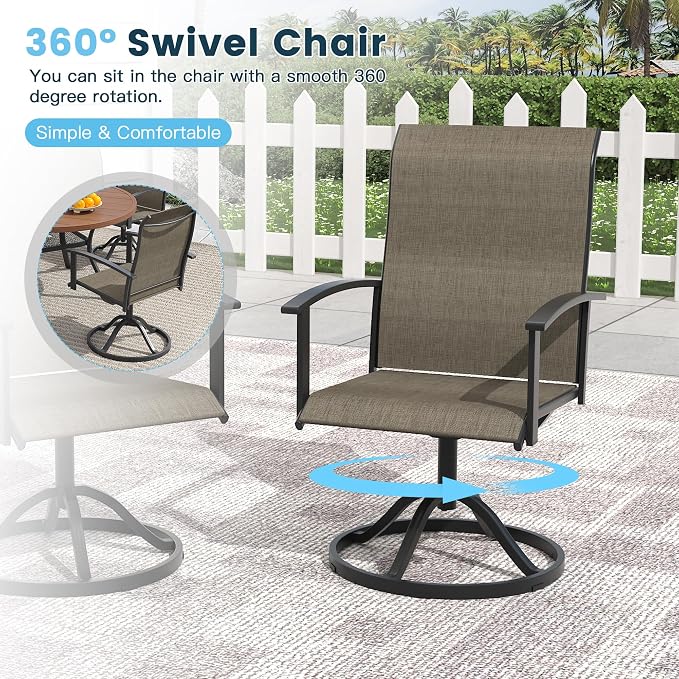 9 Pieces Outdoor Patio Dining Table Set, 60" All Weather Round Metal Table with Umbrella Hole and 8 High Back Textilene Swivel Chairs for Garden, Lawn, Poolside, Walnut Table & Brown Chairs