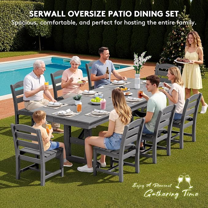 SERWALL 9 Piece Outdoor Dining Set, 84" HDPE Outdoor Table and Armless Chairs Set for 8，All Weather Patio Furniture Set with Umbrella Hole for Backyard, Garden, Gray