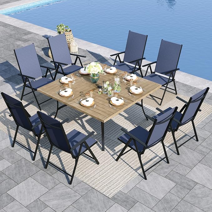 Sophia & William Patio Dining Set for 8, 8 Person Outdoor Dining Table Set Large Square Metal Patio Table and 8 Foldable Textilene Patio Chairs, Blue, 1.57"-1.9" Adjustable Umbrella Hole