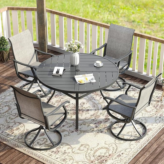 VICLLAX Patio Dining Set for 4, 5 Pieces All Weather Outdoor Dining Set - 40.6" Round Outdoor Table and 4 Patio Swivel Chairs for Lawn Garden, Grey Tabletop and Grey Fabric
