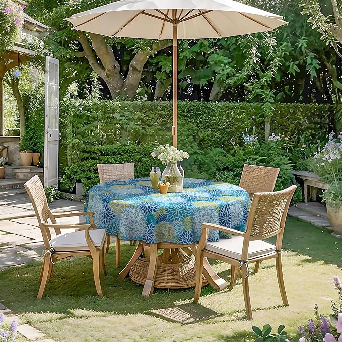 DYTXIII Outdoor Round Tablecloth with Umbrella Hole 60 Inch, Water Repellent & Fade Resistant Table Cover, All Weather Outdoor Tablecloth for Garden & Party Table, Dahlia Blue