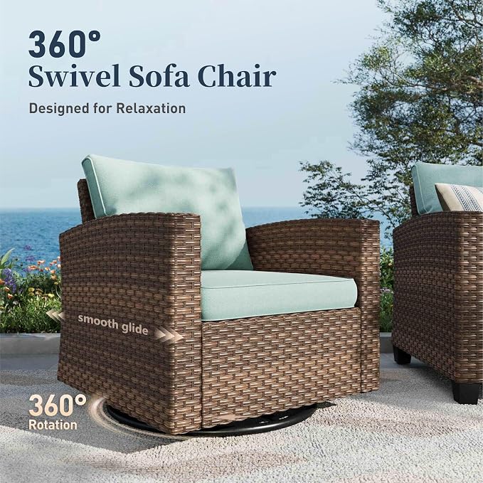 SUNSHINE VALLEY Swivel Glider Patio Furniture Set Outdoor Furniture Brown Wicker Rattan Patio Conversation Sets with Cushion Outside Sofa Set,5 Pieces 7 Seats,Blue