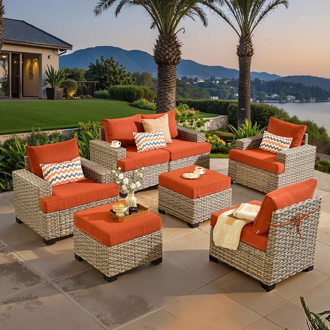 ovios 7 Piece Patio Sectional Furniture, Rattan Wicker Coversation Couch Set, Outdoor Sofa Set for Outside Porch Balcony Backyard Pool,Orange
