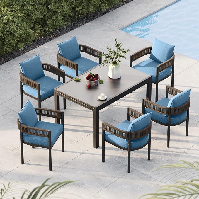Grand patio 7-Piece Expandable Table Dining Set for 6 to 10, Aluminum Outdoor Dining Table with Glass Tabletop, Metal Woven Wicker Fixed Patio Chairs with Cushions for Yard, Poolside, Deck (Brown)