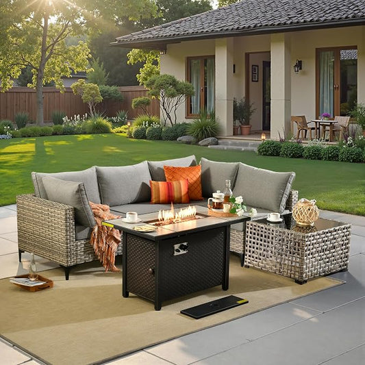 6 Pcs Patio Furniture with Fire Pit Table, Outdoor Rattan Wicker Conversation Set with Glowing Coffee Table, Comfy Sectional Sofa for Porch Balcony Backyard Pool, Grey