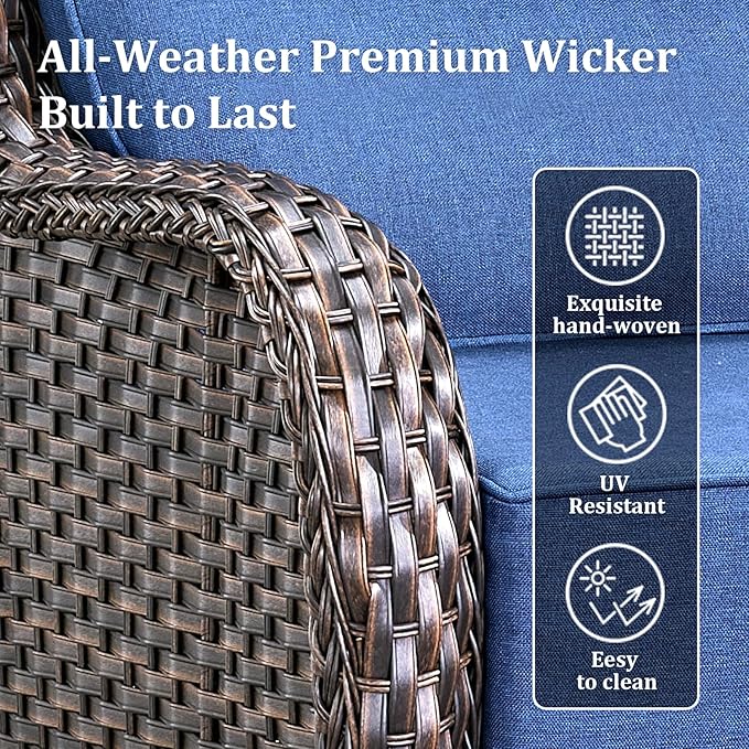 Luxury High Back Patio Furniture Set with 6-Inch Thick Cushions, 6-Pieces Outdoor Furniture with Swivel Chairs &Side Table, Wicker Conversation Set for Porch, Balcony, Deck and Yard, Brown/Blue