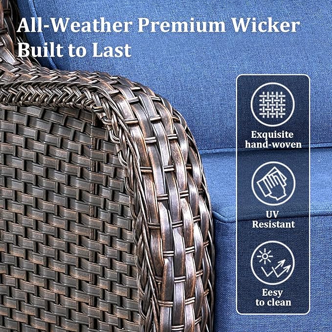 Luxury High Back Patio Furniture Set with Fire Pit Table & 6-Inch Thick Cushions, 5-Pieces Outdoor Furniture with 4 Swivel Chairs, Wicker Conversation Set for Porch, Balcony, Deck and Yard, Brown/Blue
