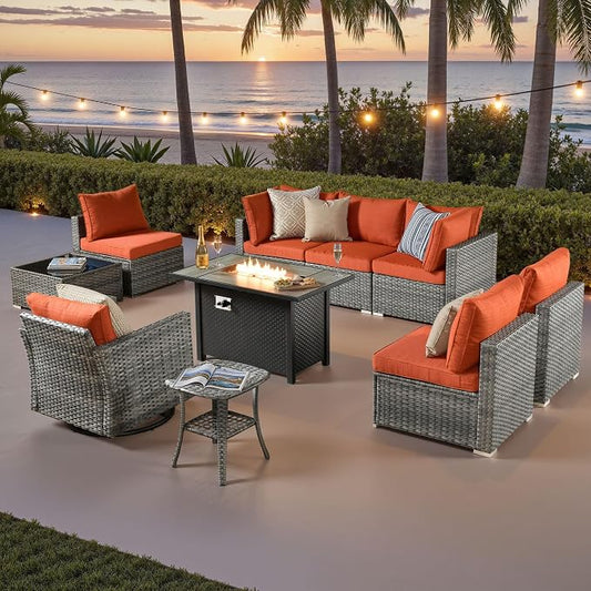ovios 10 Piece Outdoor Patio Furniture Set with Fire Pit Table,Conversation Sectional Wicker Couch with Swivel Chairs,Modern Outside Sofa for Balcony Backyard, Orange