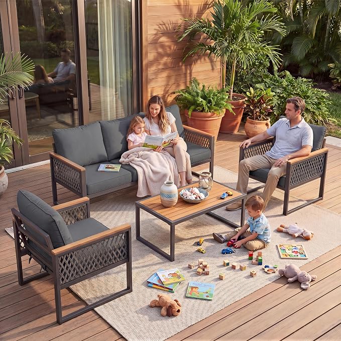 UPHA 4 Pieces Patio Furniture Set, Metal Outdoor Sectional Couch Set with 3-Seat Sofa, 2 Chairs, Coffee Table, Modern Patio Conversation Set for Porch Balcony Deck, 5 Seats, Gray
