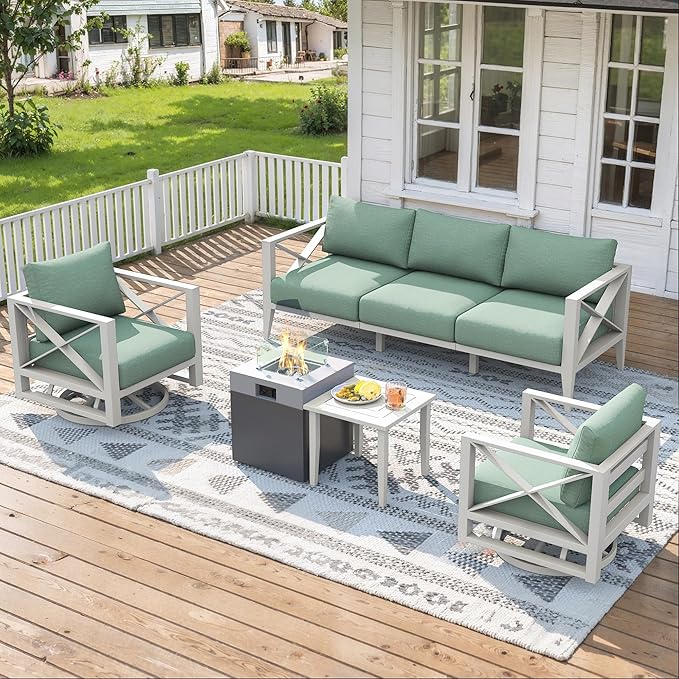 Aluminum Patio Furniture Set with Fire Pit Table, 7-Piece All-Weather Outdoor Conversation Set with Swivel Rocking Chairs, Oversized Modern Sofa for Backyard,Deck,Balcony–White