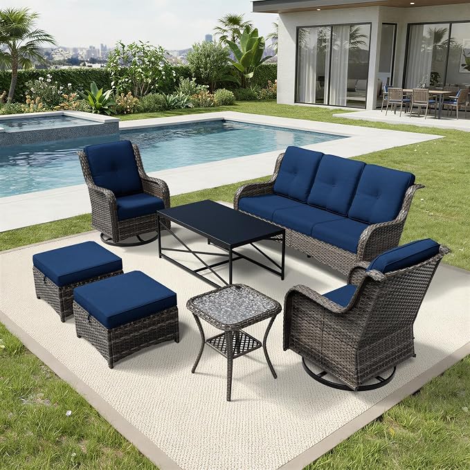 Joyside 7 Piece Wicker Patio Furniture Set, Outdoor Swivel Rocker Patio Chairs with High Back, Deep Seating, Wide Armrest, Thickened Cushions, Outdoor Furniture for Deck, Porch Use