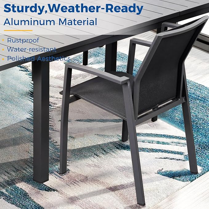 Wisteria Lane 9 Piece Aluminum Outdoor Patio Dining Sets with Fully Assembled Dining Chair，91.3" L×39.4" W Expandable Patio Table and Chairs Set for 8, Stackable Chairs with Quick Drying Fabric, Grey