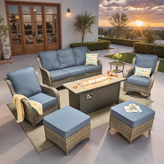 ovios 7-Piece Patio Furniture Set with Swivel Chairs Side Table, Outdoor Wicker Sofa with 54" Fire Pit Table, High Back Couch Modern Conversation Sets, Grey/Denim Blue
