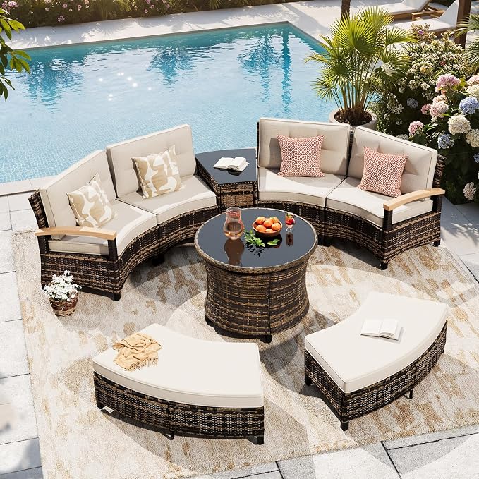 MEISSALIVVE 8-Piece Half-Moon Curved Outdoor Patio Furniture Set, Sectional Conversation Sofa with 2 Half-Moon Ottomans, Round Coffee Table for Backyard Deck Garden, Beige