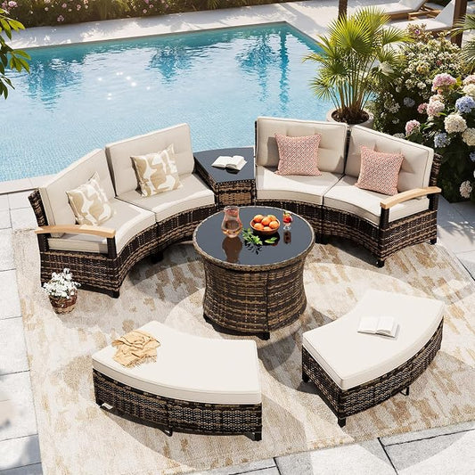 MEISSALIVVE 8-Piece Half-Moon Curved Outdoor Patio Furniture Set, Sectional Conversation Sofa with 2 Half-Moon Ottomans, Round Coffee Table for Backyard Deck Garden, Beige