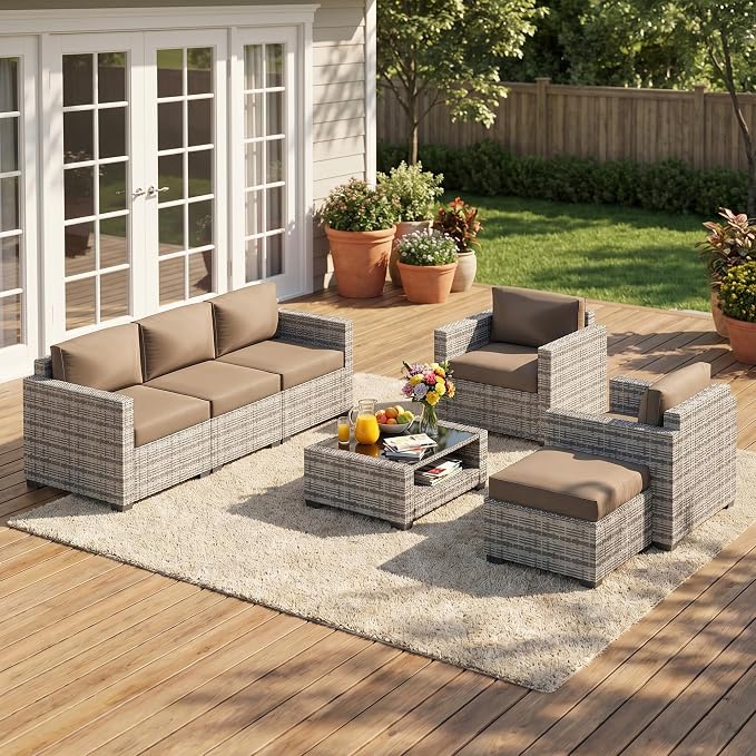Patio Furniture Set, 7-Piece Outdoor Sectional Couch with Coffee Table & Thick Cushions, Outdoor Wicker Conversation Set for Backyard, Poolside, Garden (Grey White-Camel, 7 Piece-Double)