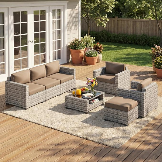 Patio Furniture Set, 7-Piece Outdoor Sectional Couch with Coffee Table & Thick Cushions, Outdoor Wicker Conversation Set for Backyard, Poolside, Garden (Grey White-Camel, 7 Piece-Double)