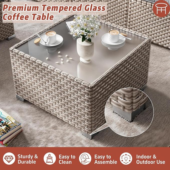 12 Pieces Patio Furniture Set, Outdoor Sectional Wicker Sofa with Thickened Cushions and Coffee Table, High Back Rattan Patio Conversation Sets for Garden Backyard, Khaki