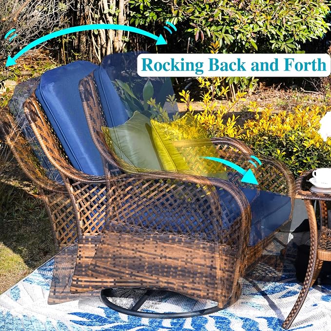 PHI VILLA 4 Piece Outdoor Swivel Rocker Chairs Patio Furniture Set with Gas Fire Pit Table Square, Wicker Patio Conversation Fire Pit Table Set for Garden, Deck, Porch, Backyard (Navy Blue)