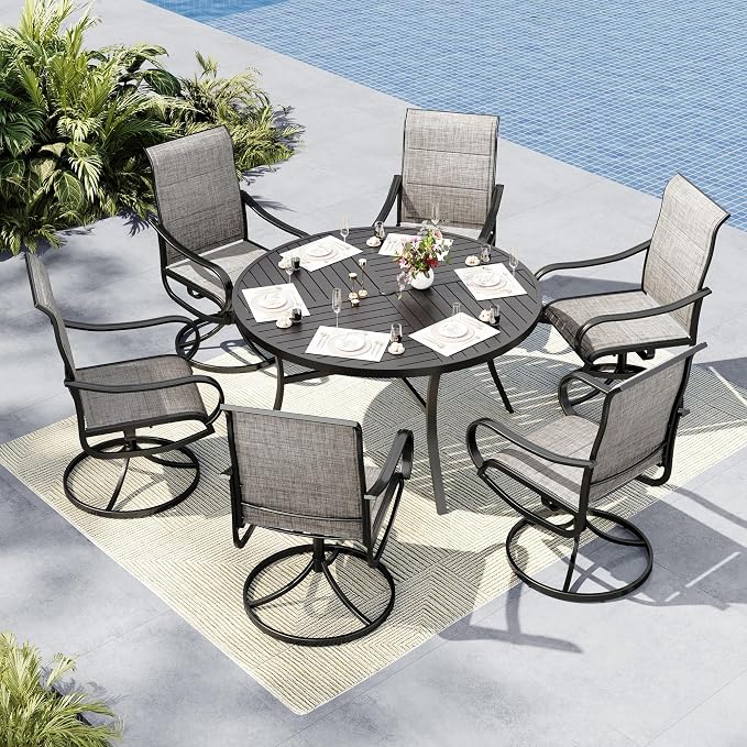 MFSTUDIO 7 Piece Outdoor Dining Set with Round Metal Table & Swivel Chairs | Padded textilene, Ergonomic high back, Umbrella hole, Weather-reistant, Rust-resistant, Patio deck garden backyard, 7 piece
