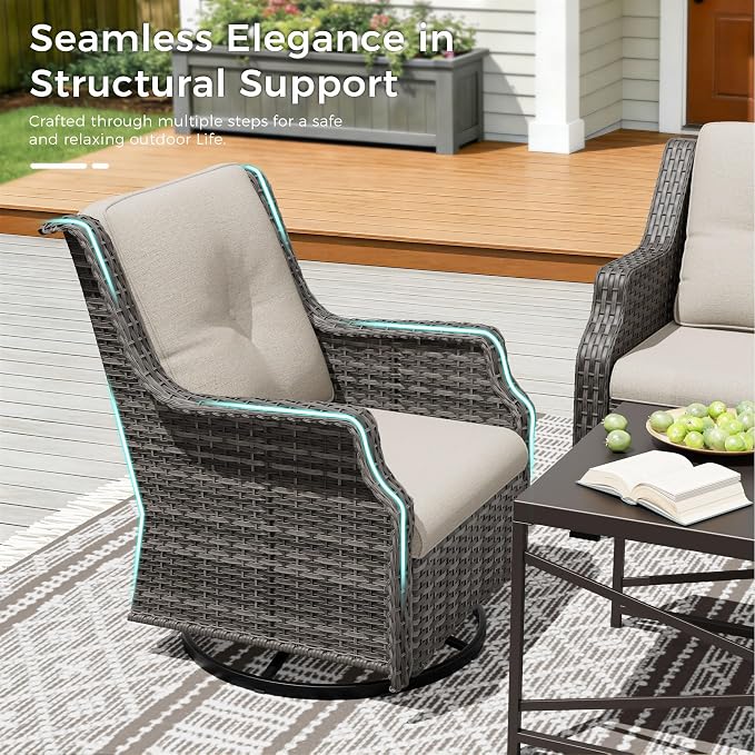 Outdoor Patio Furniture Set, 4 Piece Wicker Patio Furniture with Thick Cushions, Curved Armrest, Deep Seating, Outdoor Swivel Rocker Chairs for Porch, Deck, Balcony