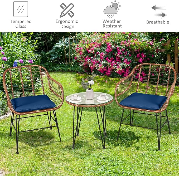 COSTWAY 3 Pieces Patio Bistro Set, Outdoor Rattan Conversation Seating Chair Set with Coffee Table & Soft Cushions, Indoor Wicker Furniture Set for Garden, Balcony, Porch, Pool, Navy