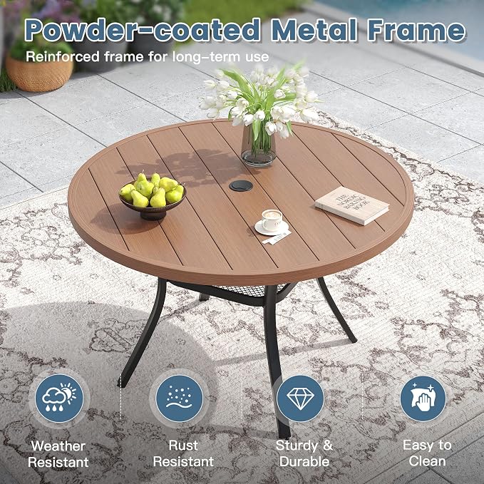 DIFY 5 Piece Patio Dining Set, Metal Outdoor Table and Chairs Set for 4, 40.6" Round Walnut Dining Table with Umbrella Hole & Wicker Stackable Patio Chairs, Patio Furniture Set for Garden Backyard