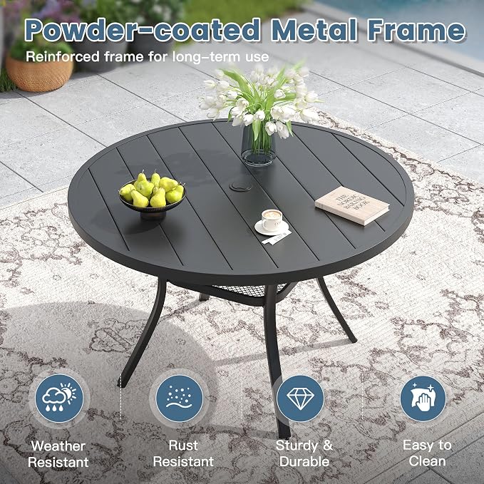 DIFY 5 Piece Outdoor Patio Dining Set for 4, Patio Table and Chairs Set with Umbrella Hole, 40.6" Round Dining Table and Stackable Metal Chairs for Backyard Garden Poolside, Black