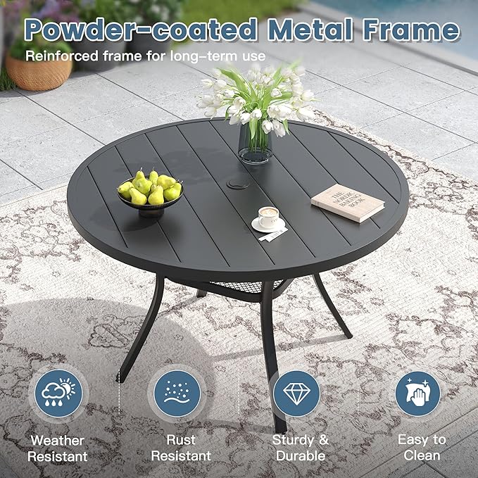 DIFY 5 Piece Outdoor Patio Dining Set for 4, 47.2" Black Round Metal Dining Table and Swivel Patio Chairs with Blue Padded Textilene, All-Weather Outdoor Furniture Set for Garden Backyard Porch