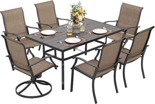 NUU GARDEN 7 Pieces Outdoor Dining Sets, Textilene Swivel Patio Table and Chairs All-Weather Outdoor Furniture Set for Lawn, Backyard, Balcony, Black and Brown