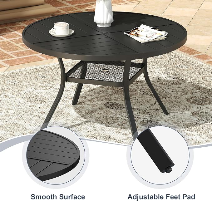 VICLLAX 40.6" Round Patio Dining Table for 4, All Weather Metal Outdoor Table with 1.57" Umbrella Hole and Storage Shelf for Garden Lawn Deck, Black