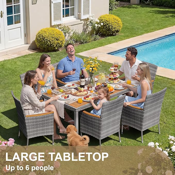 Devoko Dining 7 PCS Furniture, Patio Conversation Set with Acacia Wood Table Top, Outdoor, Beige Cushion and Grey Rattan