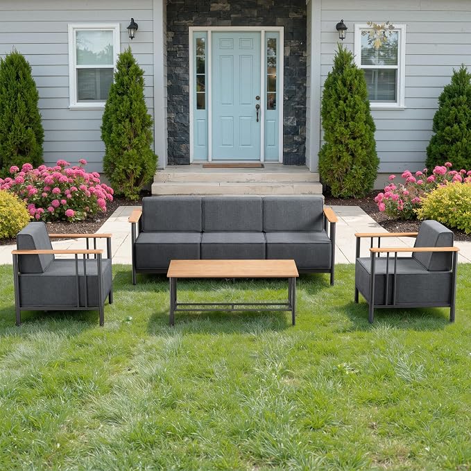 Luxury Patio Furniture Set with 10" Extra Thick Cushions, 4 PCS Outdoor Furniture Set with Patio Chairs & Couch & Coffee Table, Suitable for Porch, Balcony, Deck, Yard, Poolside, Black/Grey