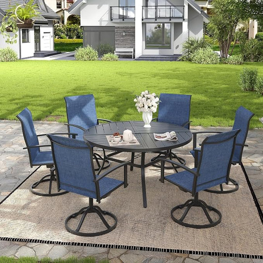 VICLLAX 7 Pieces Patio Outdoor Dining Set, 6 Swivel Textilene Chairs and 50" Round Metal Table with Umbrella Hole for Porch, Deck, Garden, Black/Dark Blue