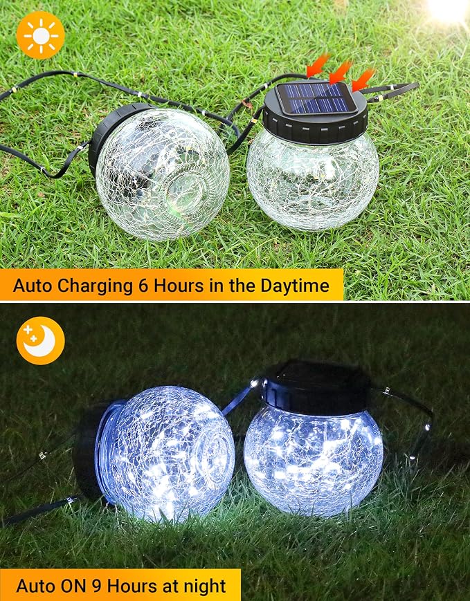 Solar Lights Outdoor Waterproof 12-Pack, Solar Powered Hanging Lantern Cracked Glass Hanging Globes for Yard Decor Christmas Decoration, Shepherd Hook, Garden Tree Ornaments, Cold White