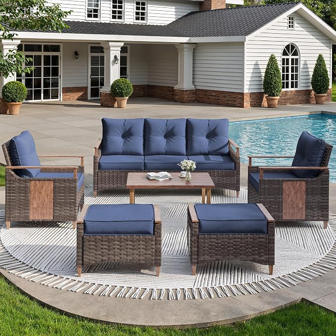 NestNook 6 Pieces Patio Furniture Set, Outdoor Conversation Set with All-Weather Handwoven PE Wicker Sofa, Rattan Chairs and Thick Cushion, Coffee Table & Ottoman for Backyard, Deck & Poolside, Blue