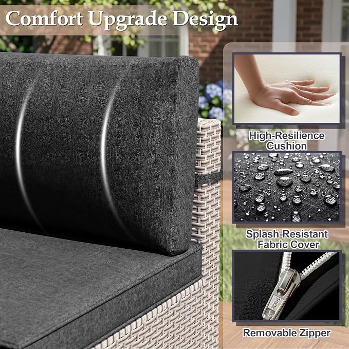 Patio Furniture Set, 15-Piece Outdoor Sectional Sofa with 60,000 BTU Fire Pit Table & 2-Layer Glass Coffee Table, Wicker Patio Conversation Set with Black Cushions