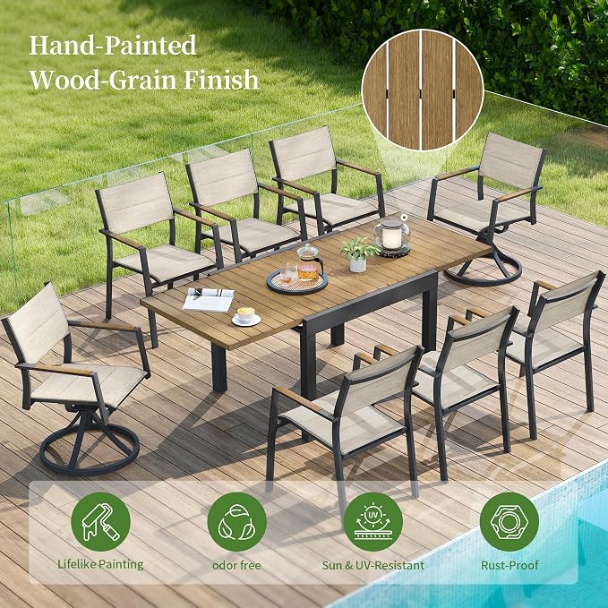 9 Piece Outdoor Dining Set, Expandable Outdoor Patio Dining Table and Swivel Chair Set, Aluminum Outdoor Table and 8 Chairs with Textilene Fabric & Armrest for Patio, Garden, Lawn(Brown)