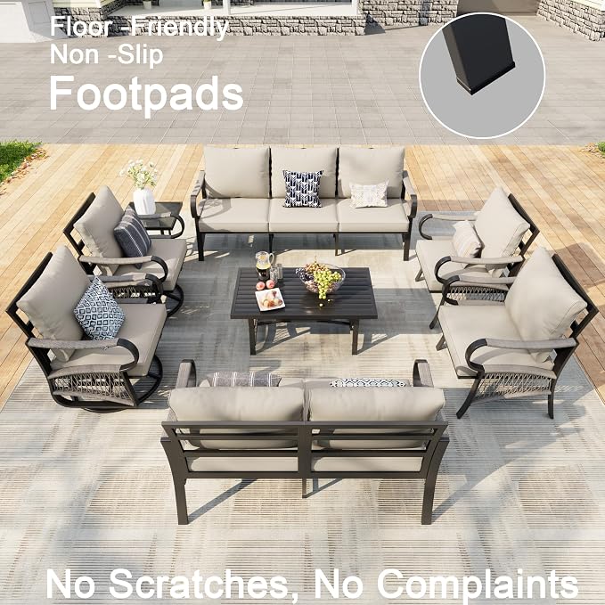 8 Pieces Patio Furniture Set, Metal Outdoor Conversation Sets with Swivel Chairs, Modern Couch Sofa Seating Group with Coffee Table and Side Table (Thick Beige Cushions)