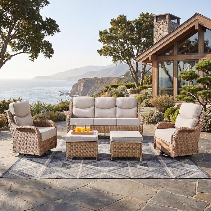 Luxury High Back Patio Furniture Set with 6-Inch Thick Cushions, 5-Pieces Outdoor Furniture with Swivel Chairs, Wicker Conversation Set for Porch, Balcony, Deck and Yard, Yellow/Beige