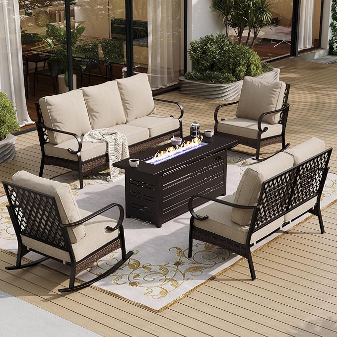 SUNSHINE VALLEY 5 Piece Metal Outdoor Patio Furniture Set with Firepit Table, Patio Conversation Sets 1 3-Seater Sofa, 2-Seater Loveseat, 2 Rocking Chairs with 5.75" Cushion for Backyard Deck, Beige