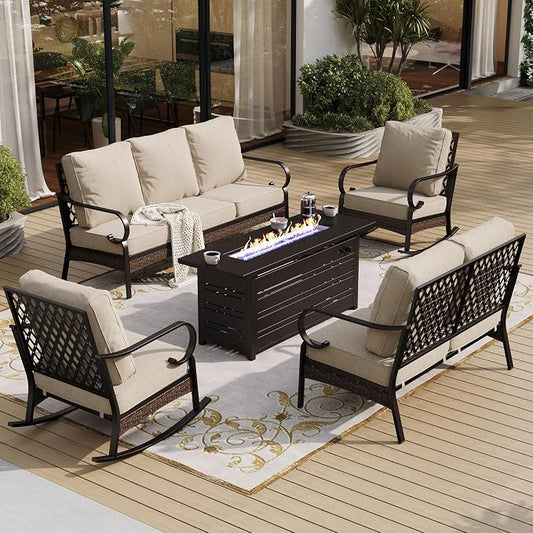 SUNSHINE VALLEY 5 Piece Metal Outdoor Patio Furniture Set with Firepit Table, Patio Conversation Sets 1 3-Seater Sofa, 2-Seater Loveseat, 2 Rocking Chairs with 5.75" Cushion for Backyard Deck, Beige