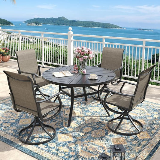 Outdoor Dining Set for 4, 40.7" Metal Round Outdoor Dining Table with Umbrella Hole and Sling Patio Swivel Chairs, 5 Pieces Patio Table and Chairs Set for Garden Backyard, Mixed Brown and Black